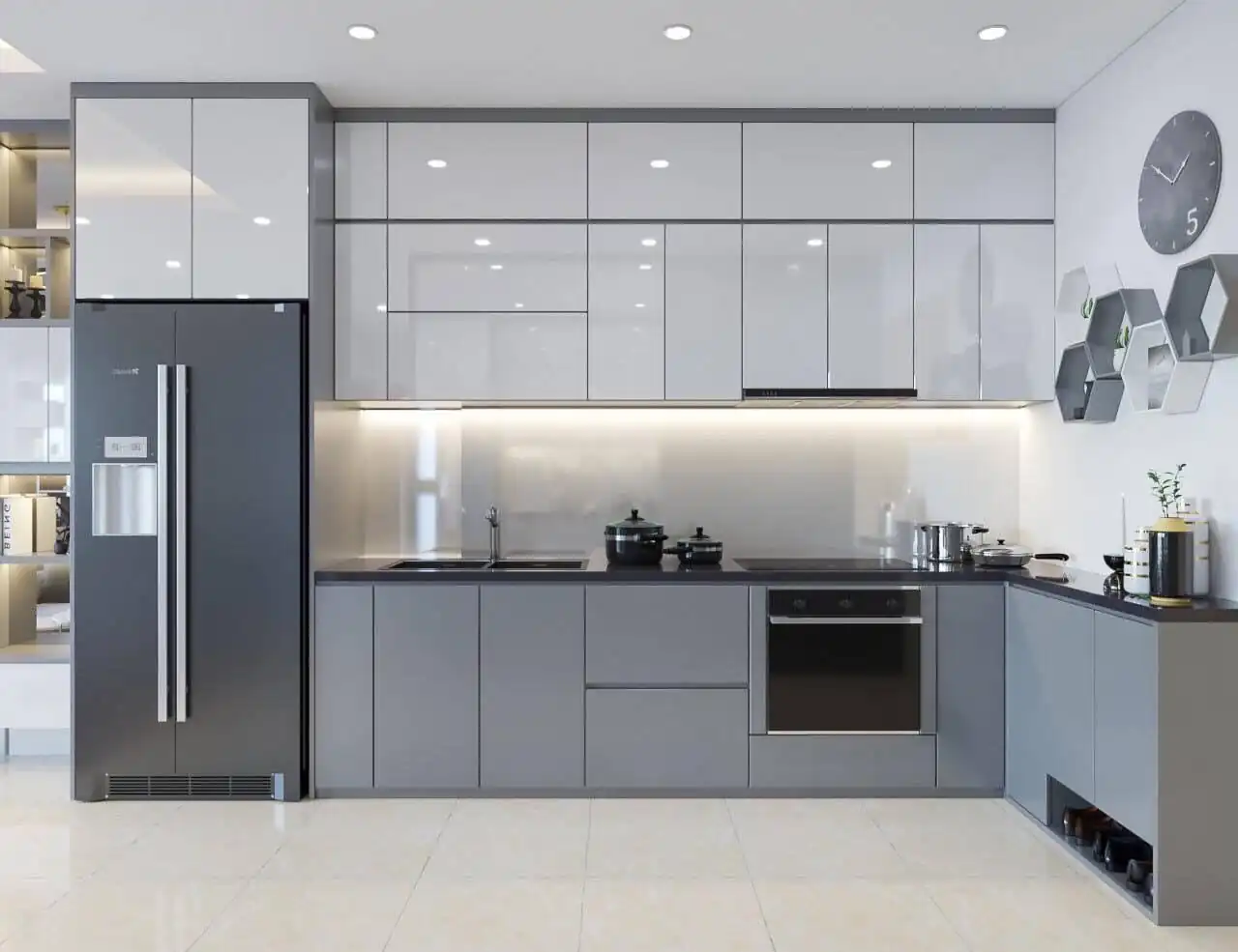 Tủ Bếp Nhựa Cao Cấp Tone Xám Trắng Hiện Đại | Nội Thất Quốc Tiến